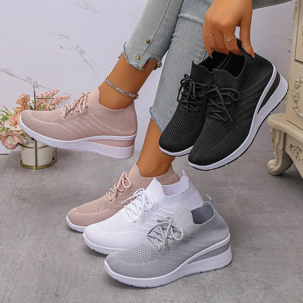 Mesh Lace Up Wedge Athletic - ELY VESSA LLC