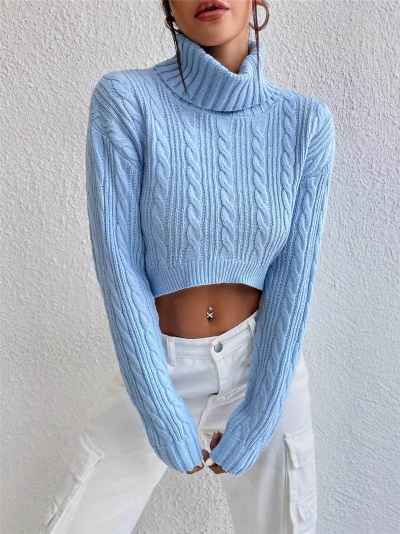 Cable-Knit Turtleneck Long Sleeve Sweater - ELY VESSA LLC