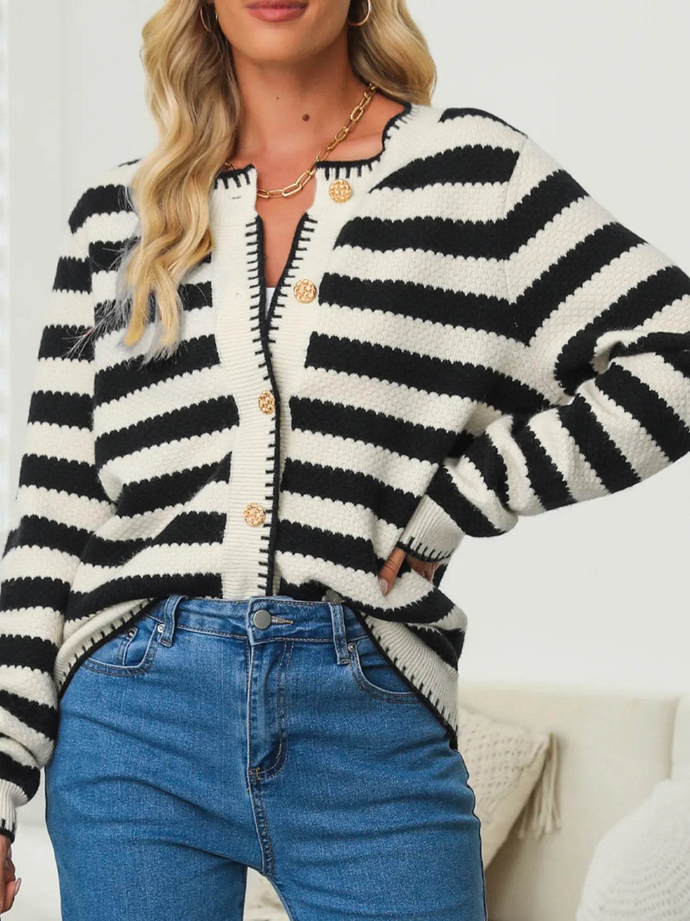 Button Down Striped Long Sleeve Cardigan - ELY VESSA LLC