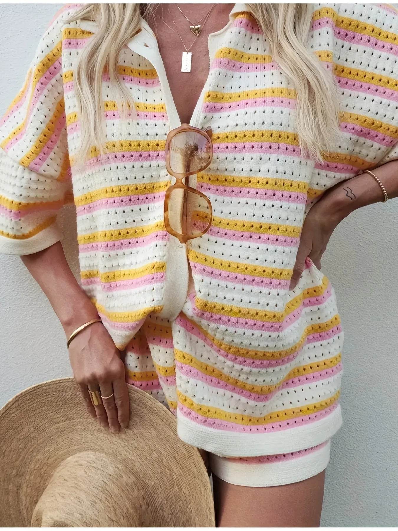 Colorful Striped Button Up Top and Shorts Sweater Set - ELY VESSA LLC