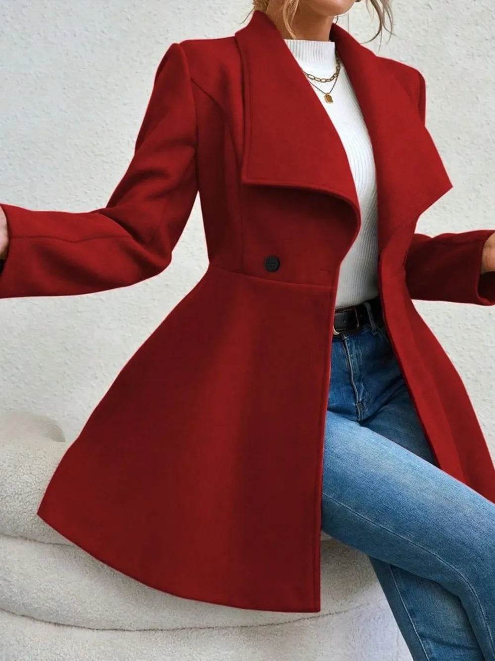 Collared Neck Button Up Long Sleeve Coat - ELY VESSA LLC