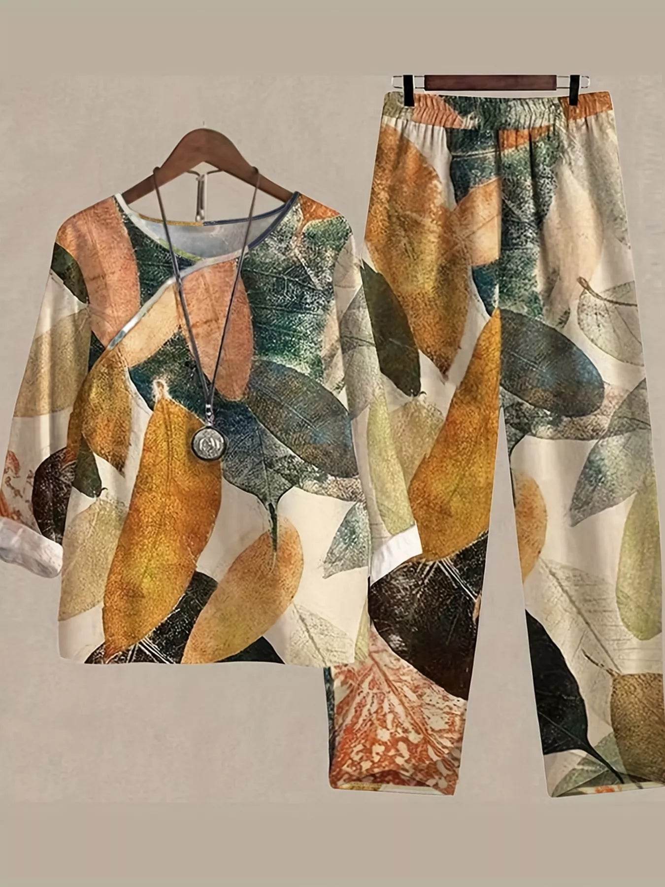 Printed Round Neck Long Sleeve Top and Pants Set - ELY VESSA LLC