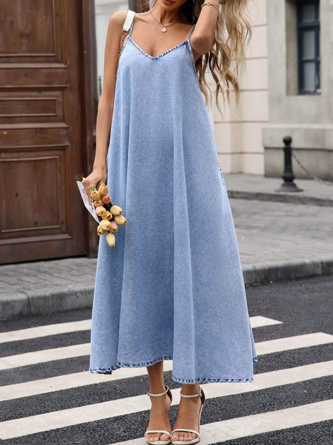 V-Neck Denim Cami Dress - ELY VESSA LLC