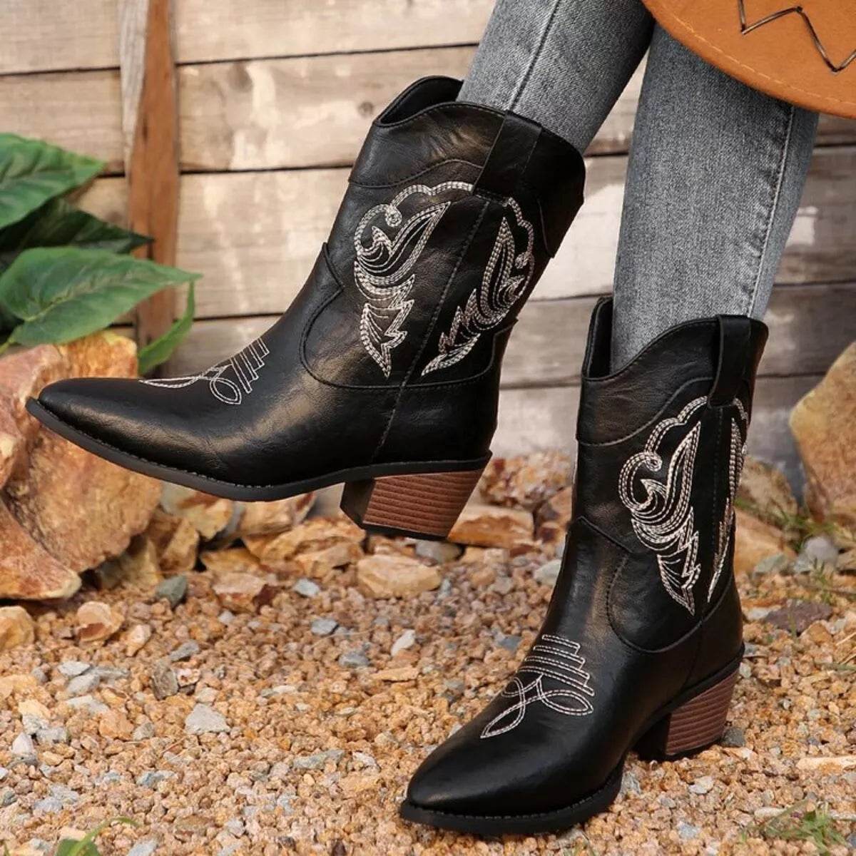 Western Cowboy Boots with Embroidered Design - ELY VESSA LLC