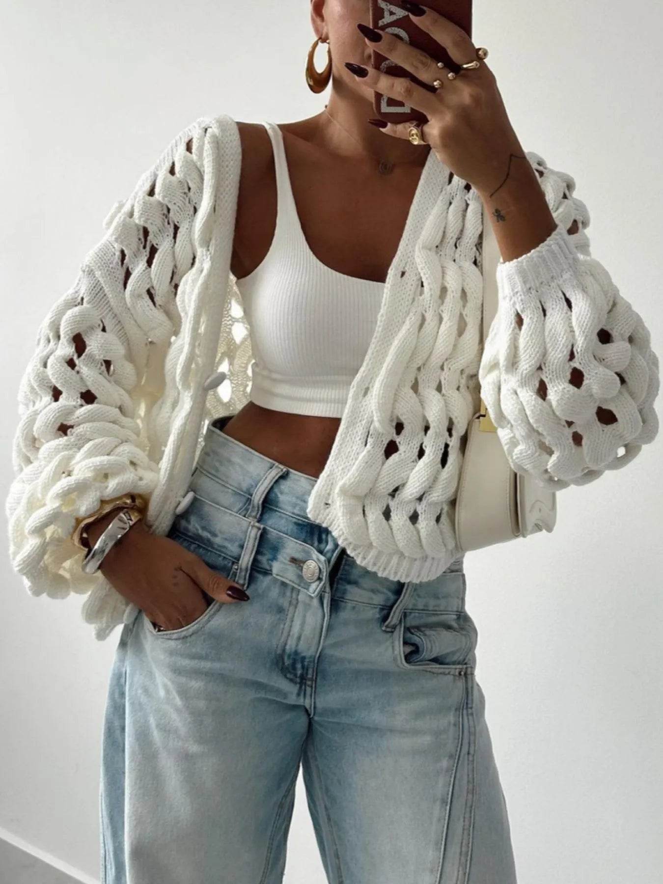 Crochet Button Up Cardigan - ELY VESSA LLC