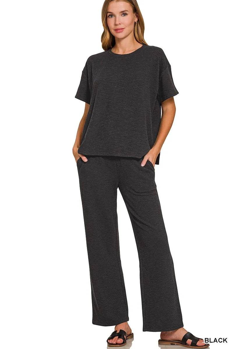 Zenana Slub Short Sleeve T-Shirt and Pants Set - ELY VESSA LLC