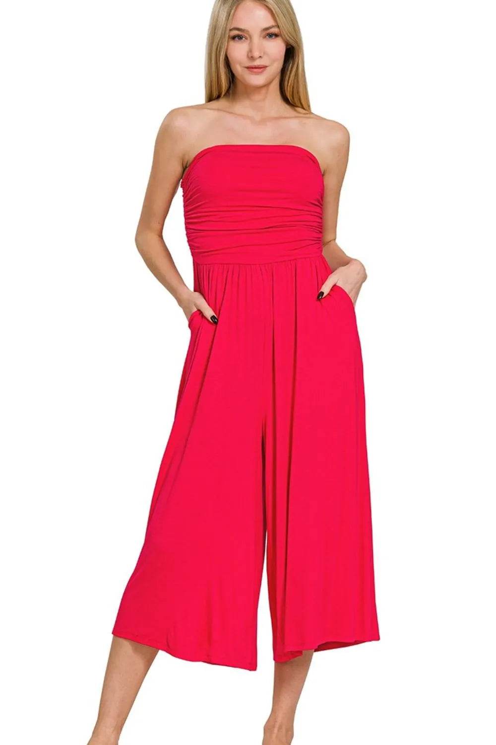 Zenana Double Layered Strapless Tube Top Jumpsuit - ELY VESSA LLC