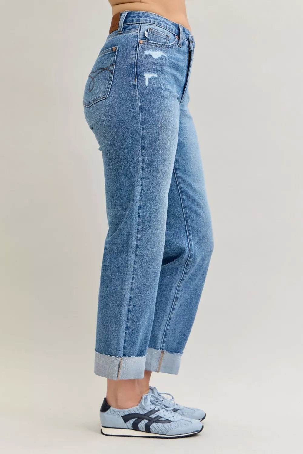 Judy Blue High Waist Bf Criss-cross Mild Destroy Jeans with Single Cuff - ELY VESSA LLC