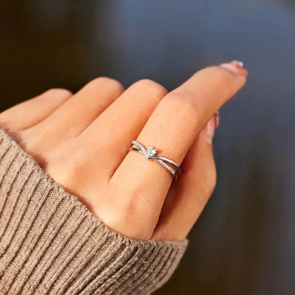 925 Sterling silver Inlaid Zircon Heart Open Ring - ELY VESSA LLC