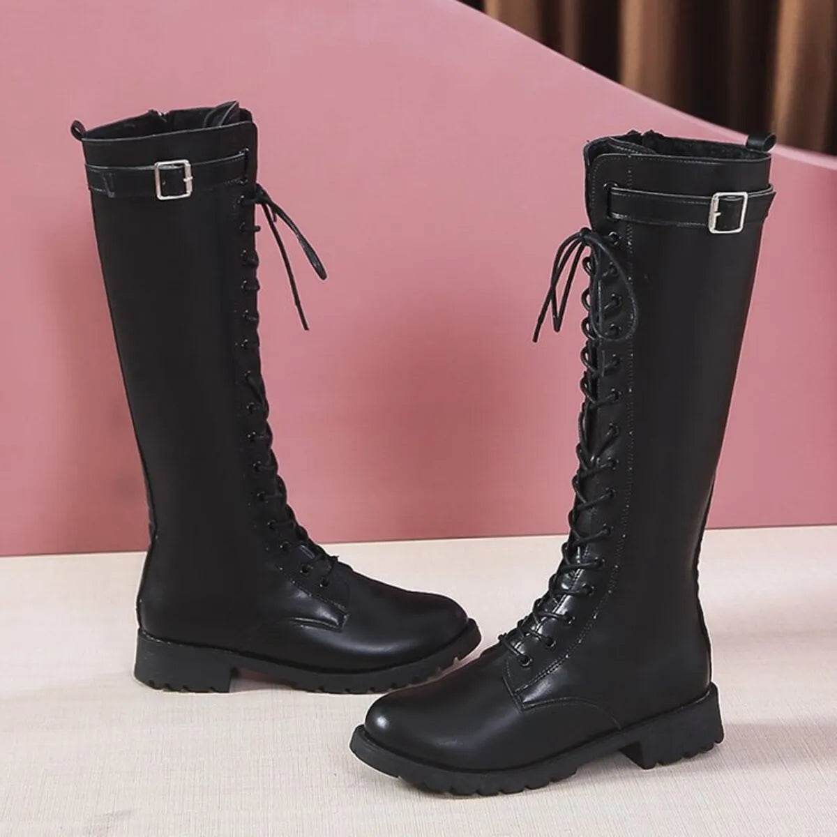Leather Lace-Up Combat Boots - ELY VESSA LLC