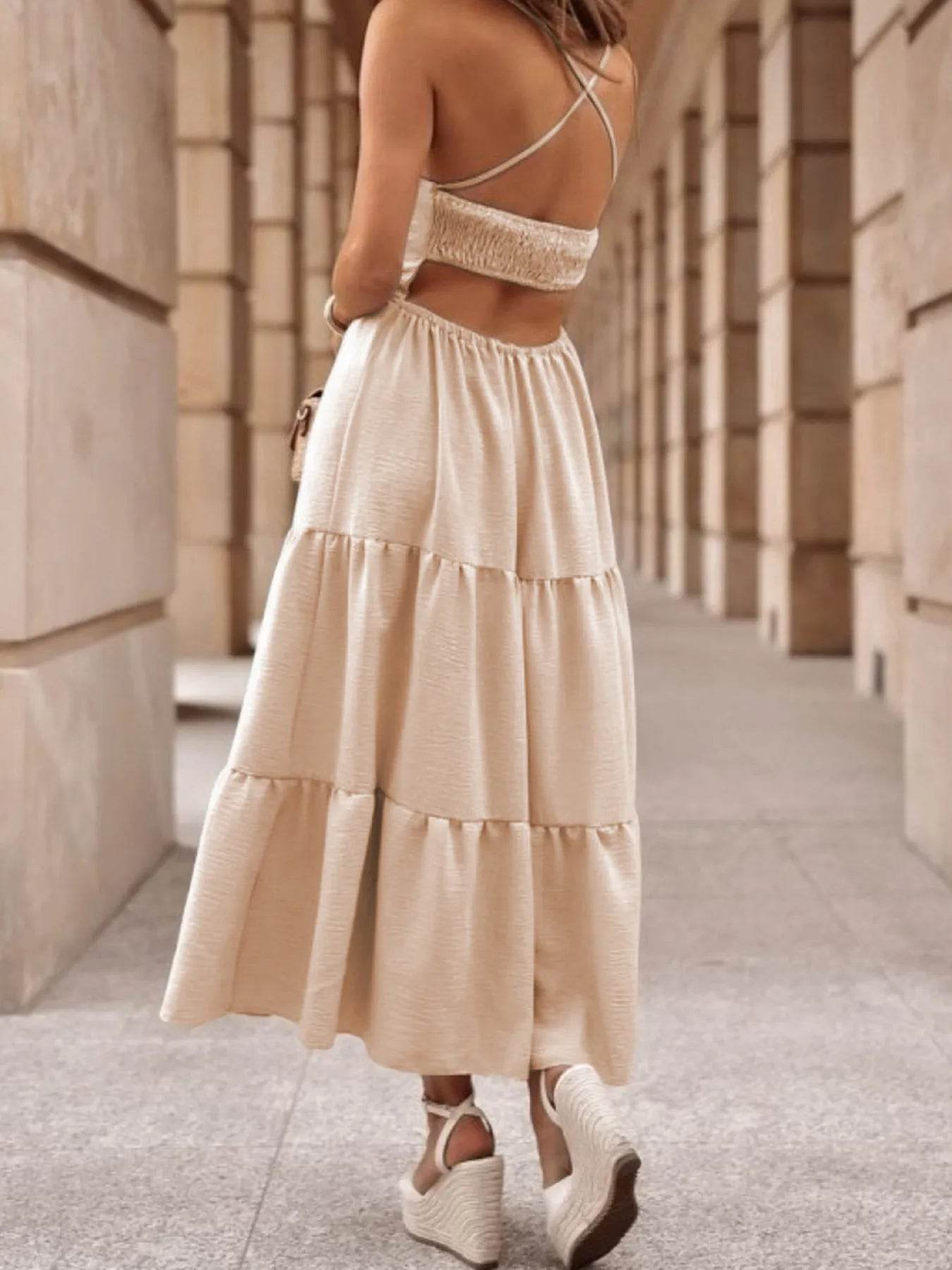 Crossover Backless Bodice Tiered Maxi Dress - ELY VESSA LLC