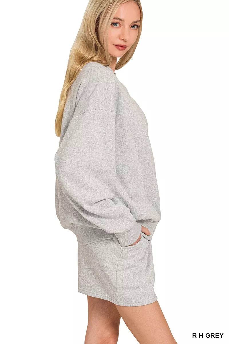 Zenana Fleece Long Sleeve Sweatshirts & Shorts Set - ELY VESSA LLC