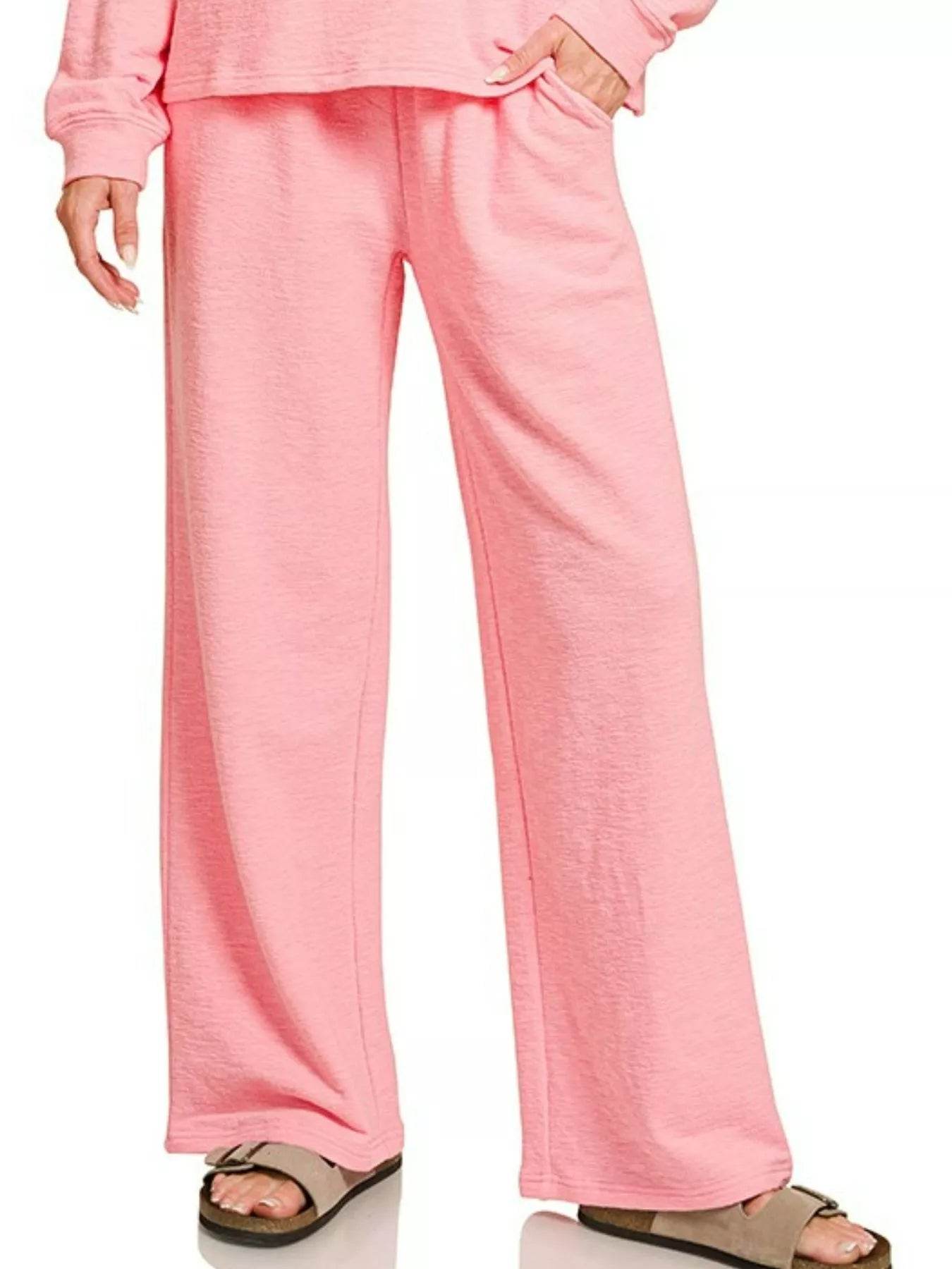 Zenana Slub Long Sleeve Top and Pants Lounge Set - ELY VESSA LLC