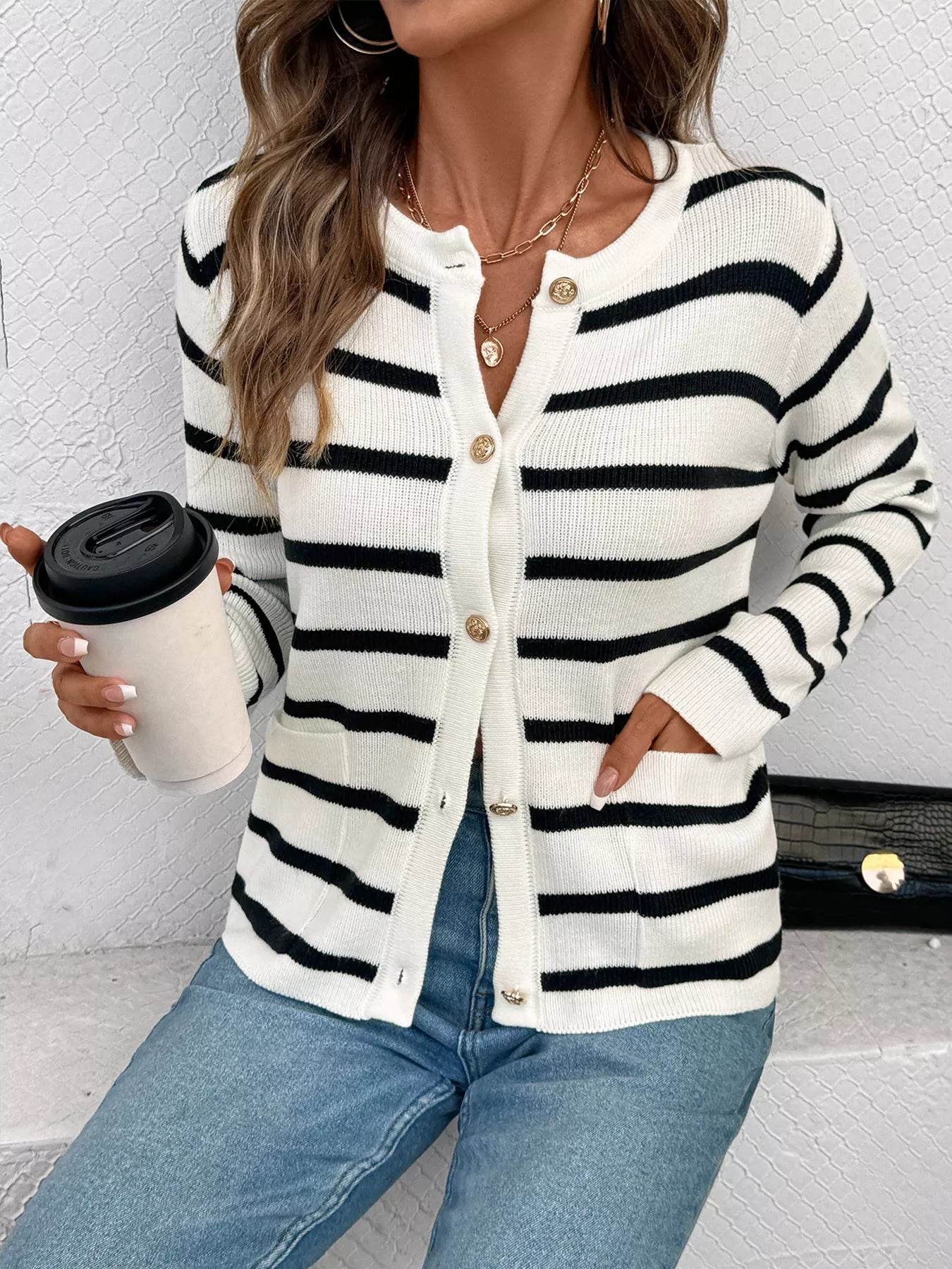 Striped Button-Front Cardigan - ELY VESSA LLC