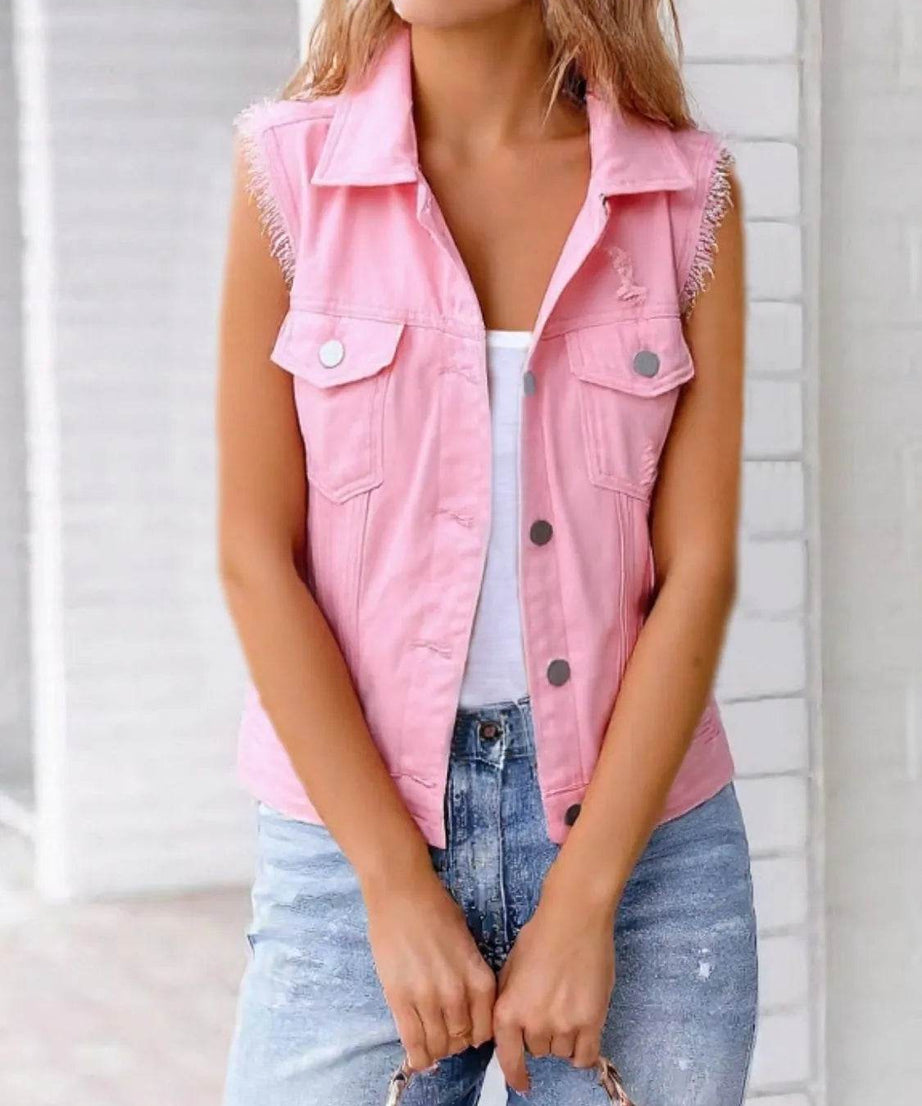 Full Size Sleeveless Frayed Denim Vest Jacket Plus Size - ELY VESSA LLC