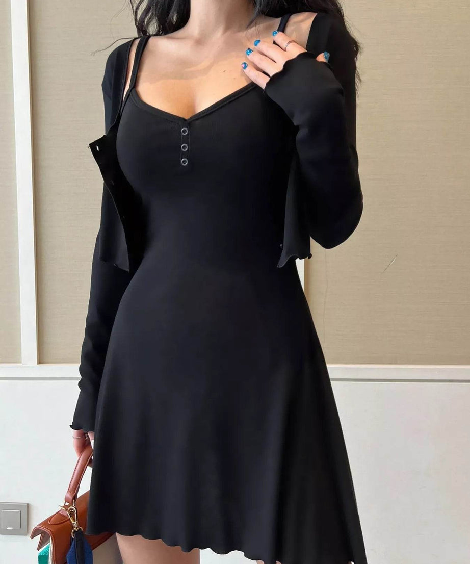 V-Neck Cami Dress and Cardigan Set - ELY VESSA LLC