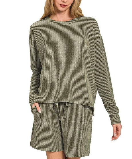 Zenana Corded Rib Long Sleeve Tee and Shorts Set - ELY VESSA LLC