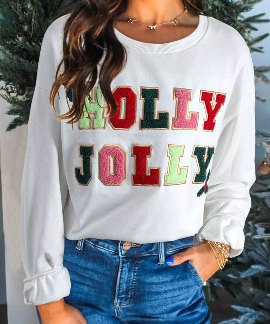 HOLLY JOLLY Embroidered Round Neck Sweatshirt - ELY VESSA LLC