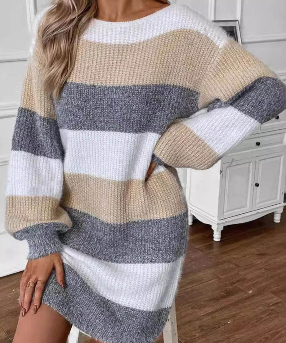 Color Block Long Sleeve Sweater Dress - ELY VESSA LLC