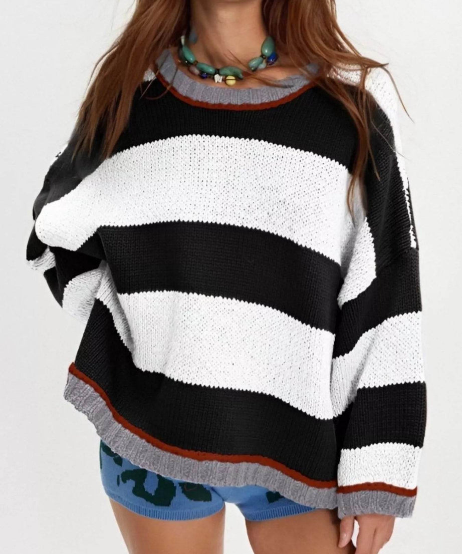 Color Block Round Neck Sweater - ELY VESSA LLC