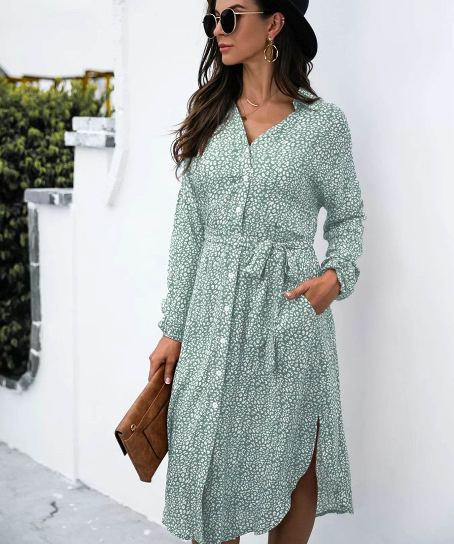 Button Down Printed Long Sleeve Shirt Dress - ELY VESSA LLC