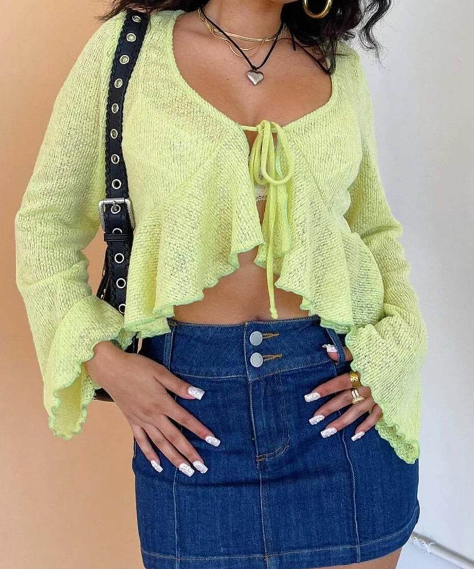 Ruffled Hem Tie-Front Cropped Cardigan - ELY VESSA LLC