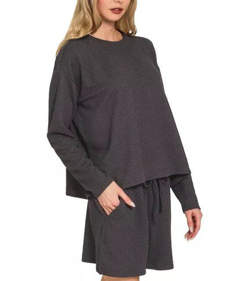 Zenana Corded Rib Long Sleeve Tee and Shorts Set - ELY VESSA LLC