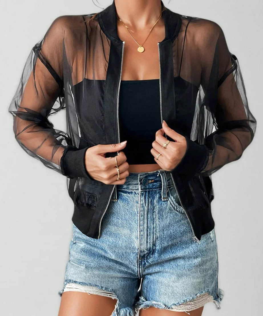 Sheer Mesh Zip Up Jacket - ELY VESSA LLC