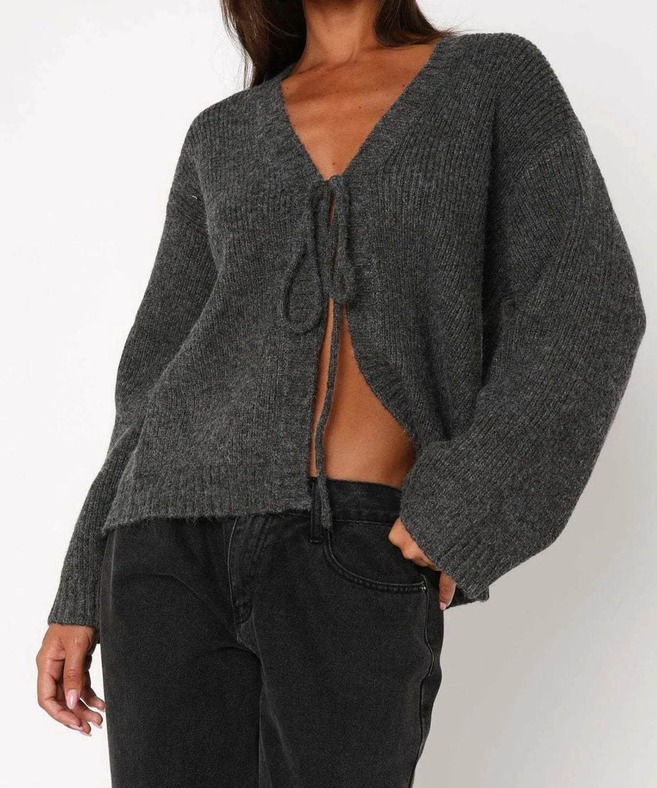 Open Front Tied Sweater Cardigan - ELY VESSA LLC