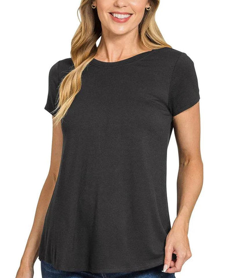 Zenana Flowy Round Hem Rayon Short Sleeve T-Shirt - ELY VESSA LLC