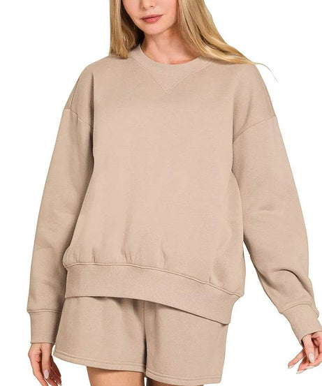 Zenana Fleece Long Sleeve Sweatshirts & Shorts Set - ELY VESSA LLC
