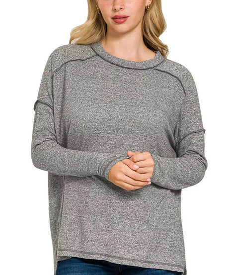 Zenana Full Size Melange Hacci Exposed Seam Hi-low Tee Plus Size - ELY VESSA LLC