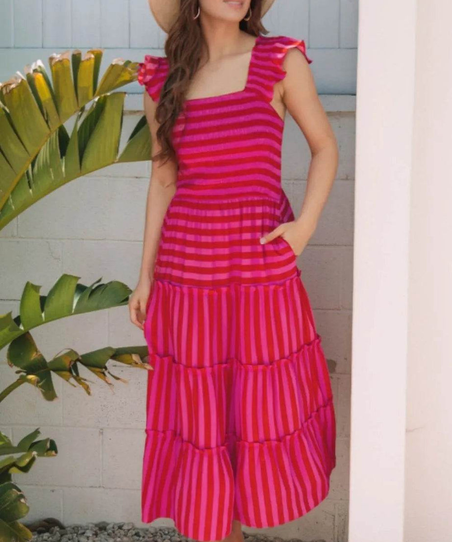 Stripe Flutter Sleeve Smocked Bodice Tiered Maxi Dress - ELY VESSA LLC
