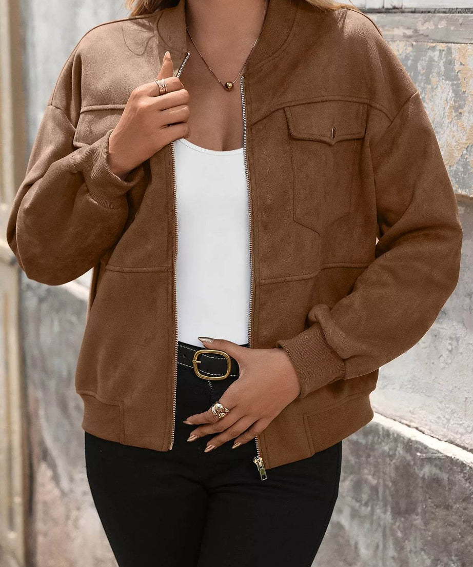 Zip Up Dropped Shoulder Jacket - ELY VESSA LLC