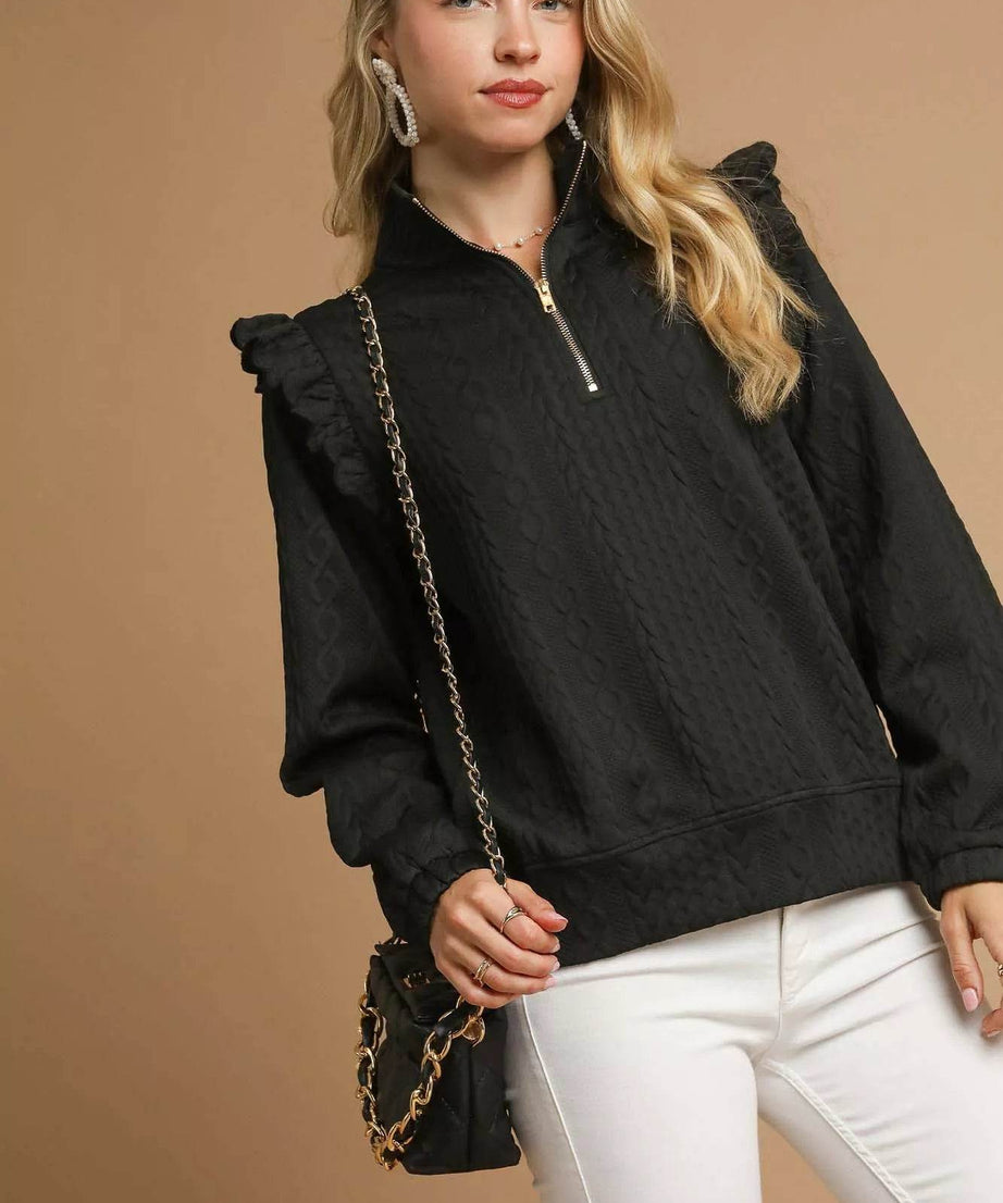 Umgee Cable Knit Textured Pullover with Ruffle Shoulders - ELY VESSA LLC