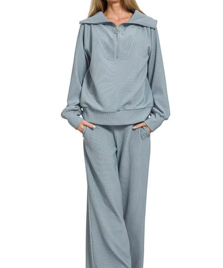 Zenana Ribbed High Neck Half Zip Pullover & Pants Set - ELY VESSA LLC