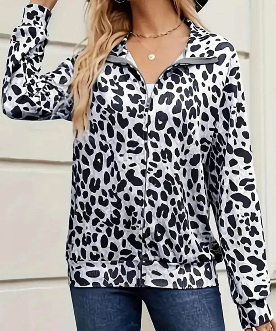 Full Size Leopard Collared Neck Zip Up Jacket - ELY VESSA LLC