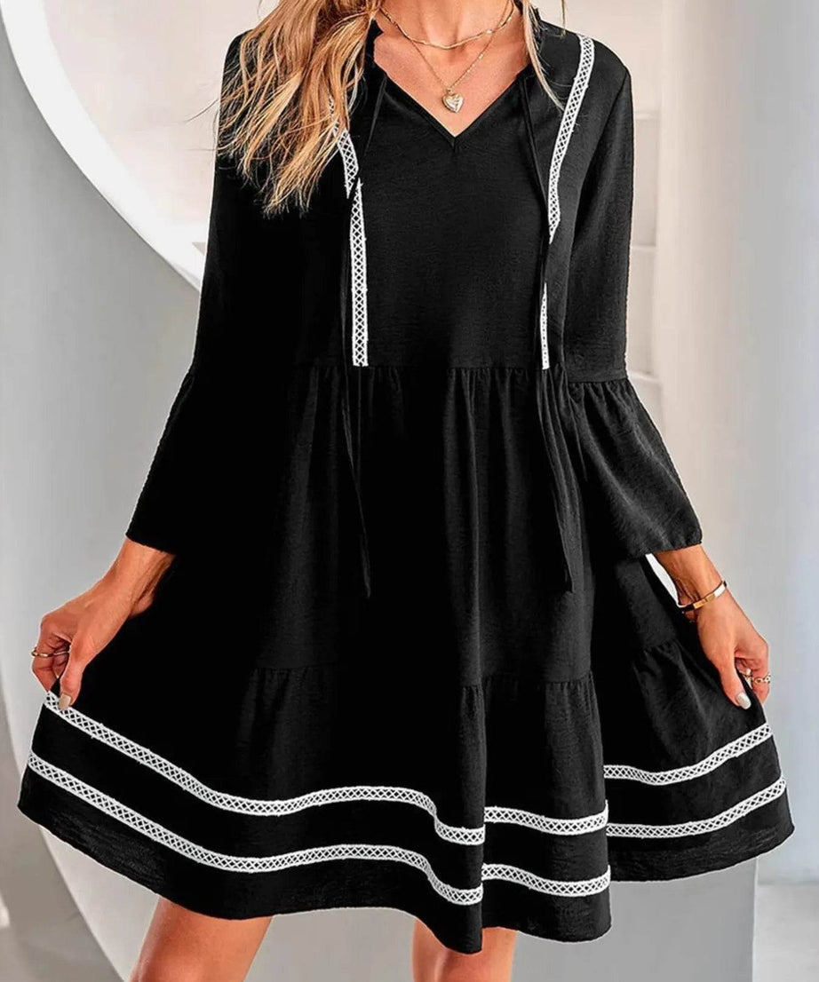Tie-Neck Long Sleeve Mini Dress with Trim Detail - ELY VESSA LLC