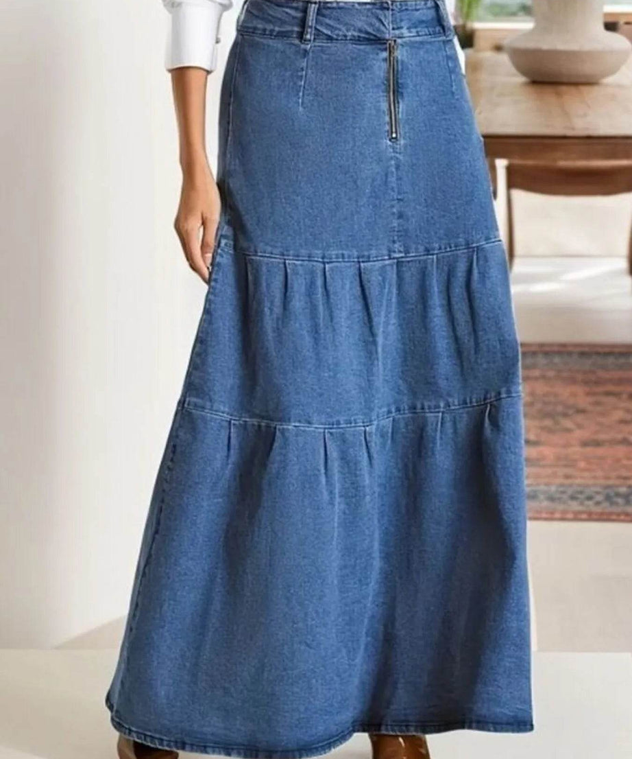 Tiered Maxi Denim Skirt with Zipper Detail - ELY VESSA LLC