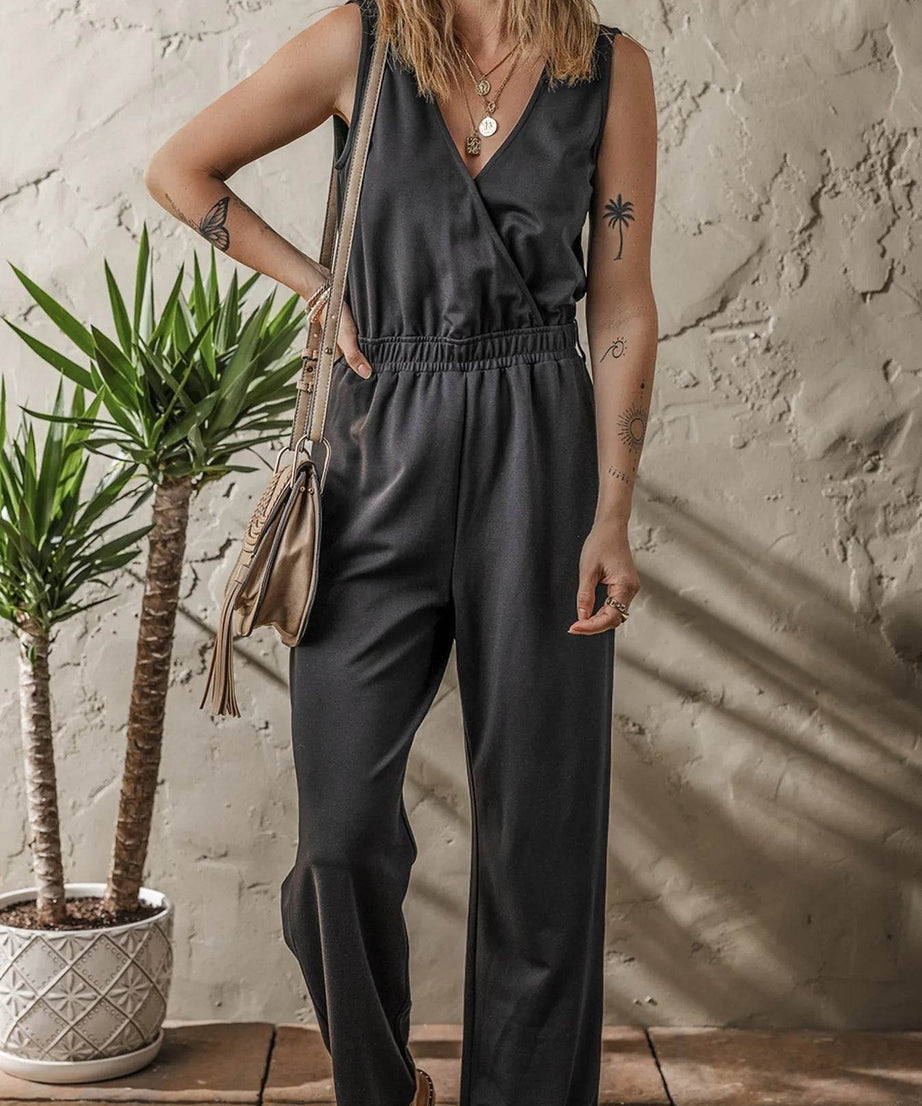 Wrap Surplice Sleeveless High Waist Jumpsuit - ELY VESSA LLC