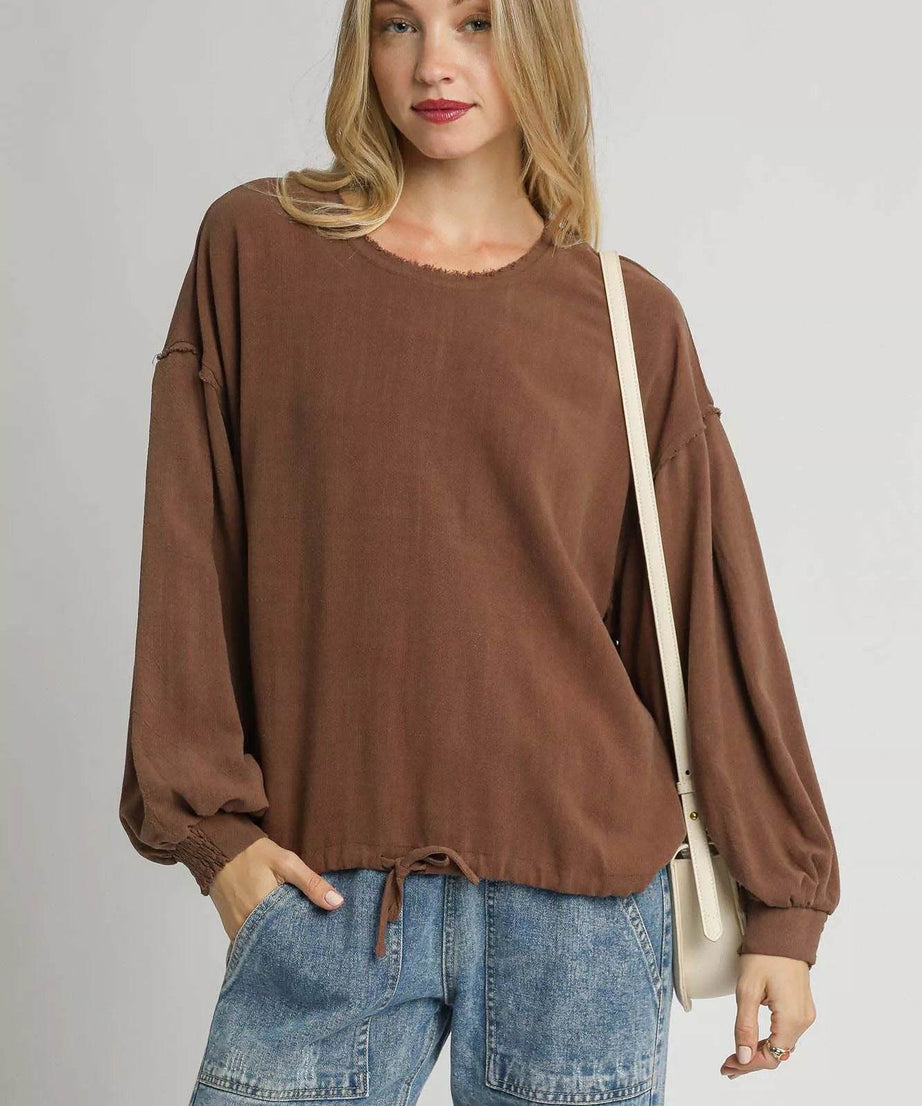 Umgee Linen Long Sleeve Top with Drawstring - ELY VESSA LLC