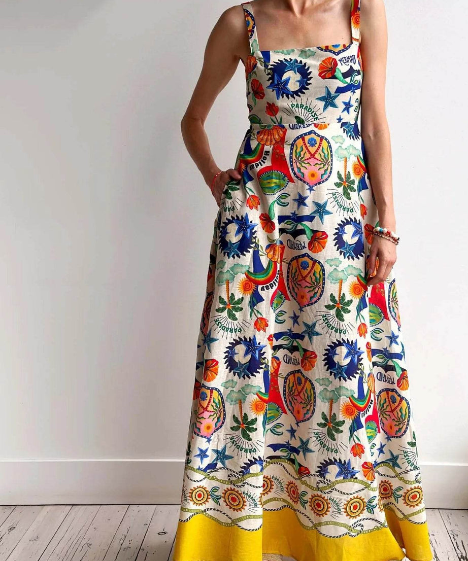 Printed Square Neck Maxi Dress - ELY VESSA LLC