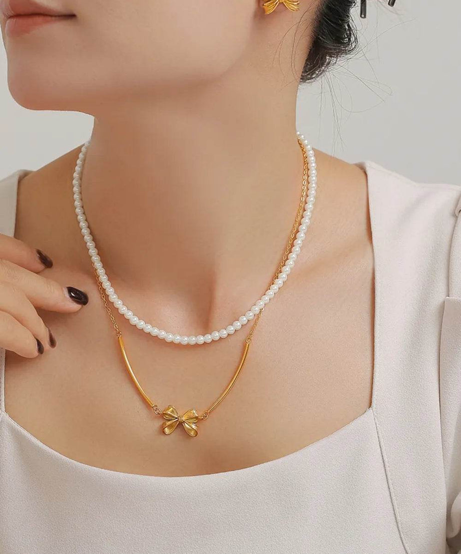 3 Piece Pearl Necklace, Bow Necklace and Stud Earrings Jewelry Set - ELY VESSA LLC