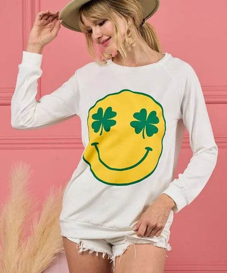 BiBi Smile Face Graphic Round Neck Long Sleeve Top - ELY VESSA LLC