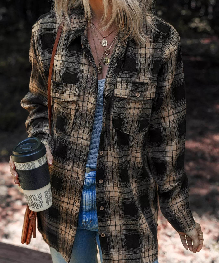 Plaid Double Flap Pocket Brushed Shacket - ELY VESSA LLC
