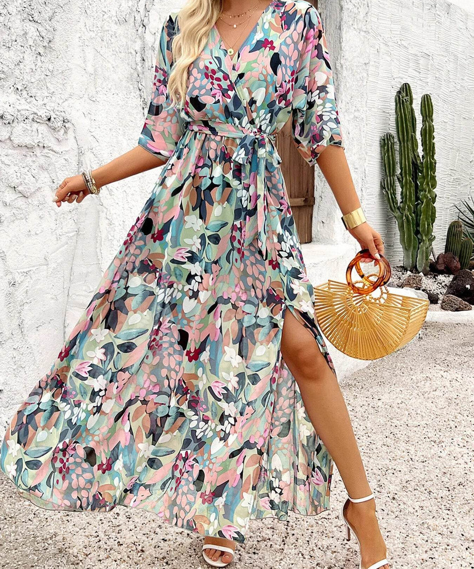 Slit Printed Surplice Half Sleeve Maxi Dress - ELY VESSA LLC