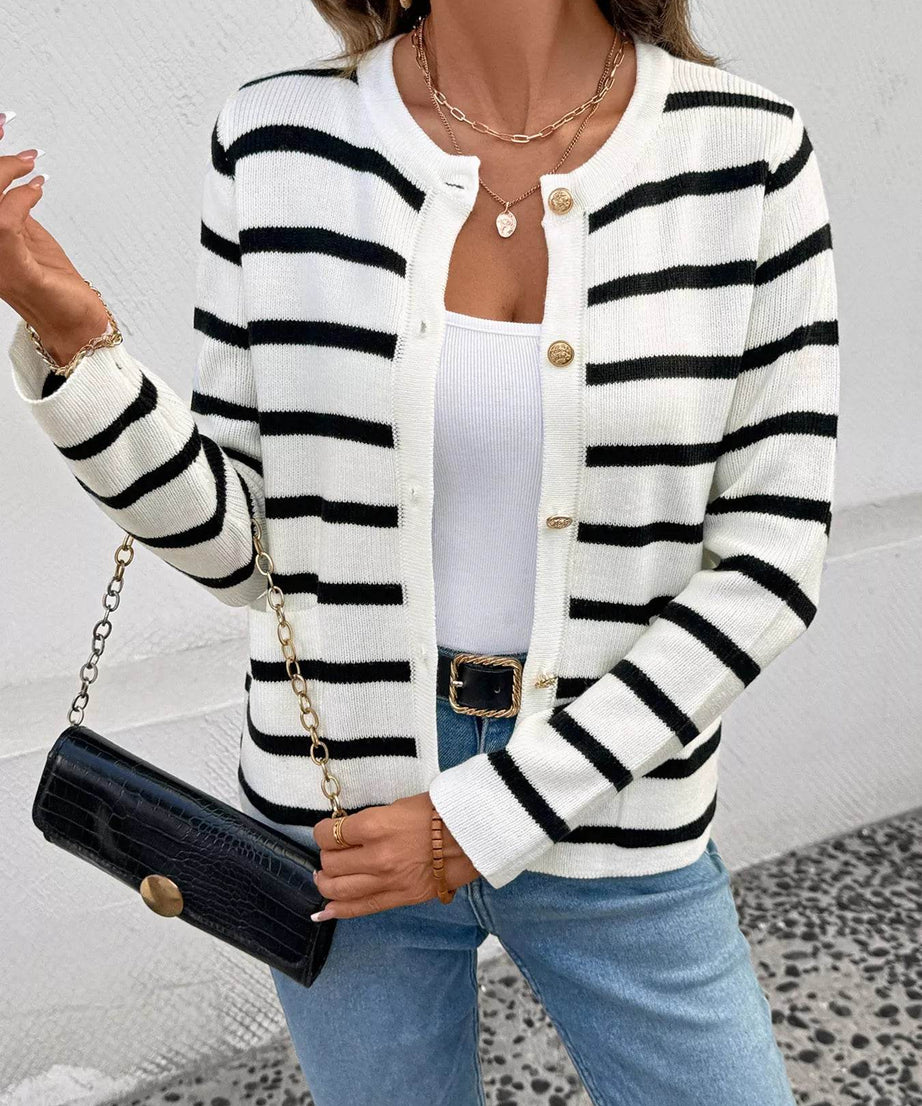 Striped Button-Front Cardigan - ELY VESSA LLC