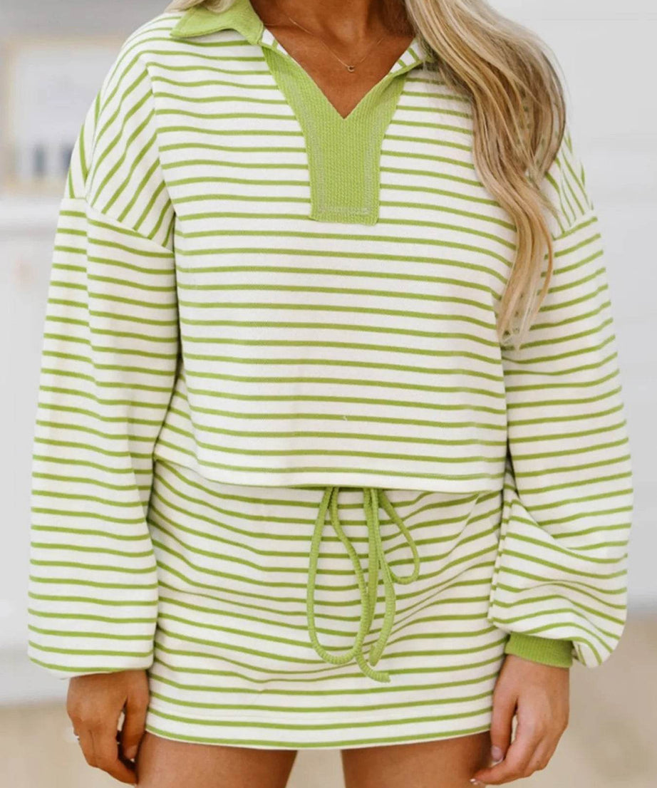 Collared Neck Striped Top and Drawstring Skirt Set - ELY VESSA LLC