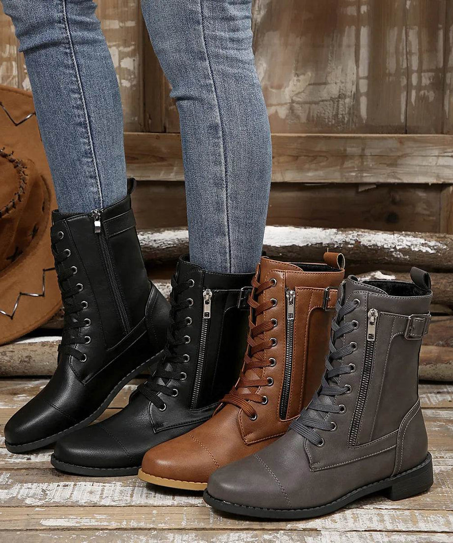 Round Toe Lace Up Block Heels Boots - ELY VESSA LLC