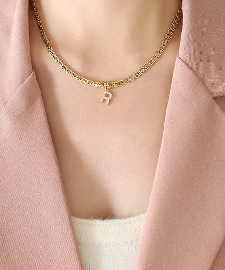 Brass Inlaid Zircon Letter Pendant Necklace - ELY VESSA LLC